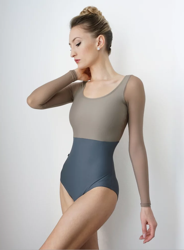 Jule Luster Long Sleeve Leotard: Dust + Charcoal