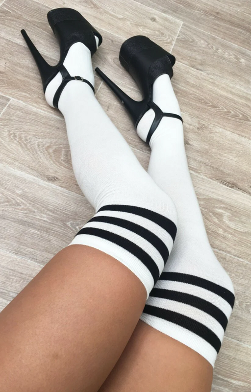 White High Thigh Socks with Black Stripes
